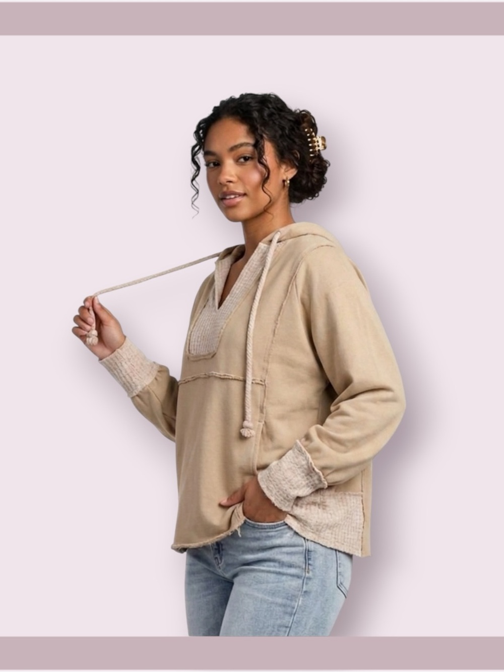 BKE Buckle Taupe Pieced Waffle Knit Hoodie